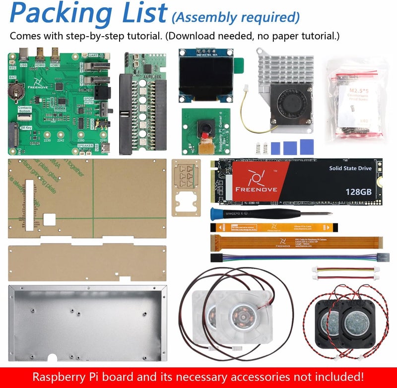 FREENOVE PC Case Kit for Raspberry Pi 5 with Cooling Fan,128GB M.2 NVMe SSD 800 MB/s, 5 MP Camera, 0.96 Inch OLED Screen, Built-in Stereo Speakers, 3.5 mm and Optical Audio (S/PDIF) - Image 2